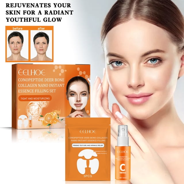 Fiudx Kit de Péptidos, Set Iluminador Facial Juvenil, Suero Hidratante de Ciervo, Solución Antiedad para La Piel, Parche para Mejillas Refuerza La Elasticidad, Parche para La Frente Que Reduce Las Lí