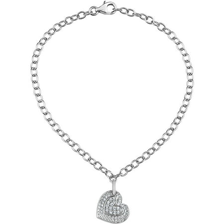 White CZ Sterling Silver Double-Heart Charm Bracelet, 8