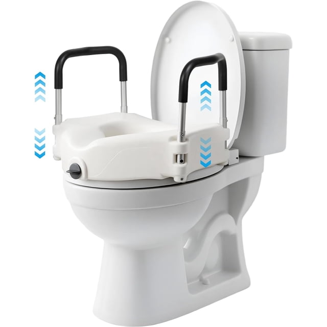 Raised Toilet Seat with Handles Toilet Seat Riser for Seniors Removable Padded Handles Adjustable Height Handrails &; Secure Fit Fits Most Toilets Capacity