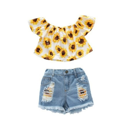 

DNDKILG Toddler Baby Girls 3 Piece Summer Clothes Set Short Sleeve Outfits T Shirts and Jean Shorts Set Floral with Headband Yellow 2Y-5Y 120