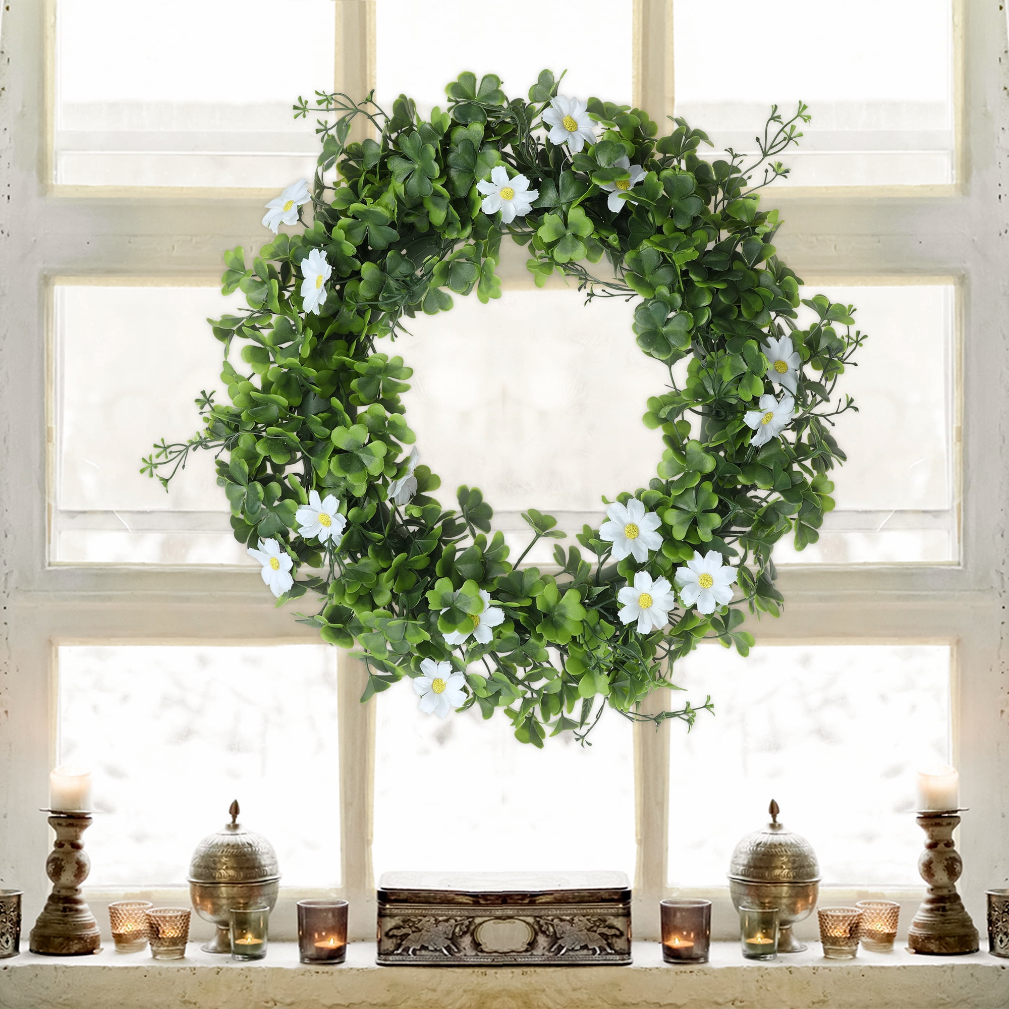 Unique Bargains Artificial Leaves Wreath Lucky Flower Wreaths for Front Door Green