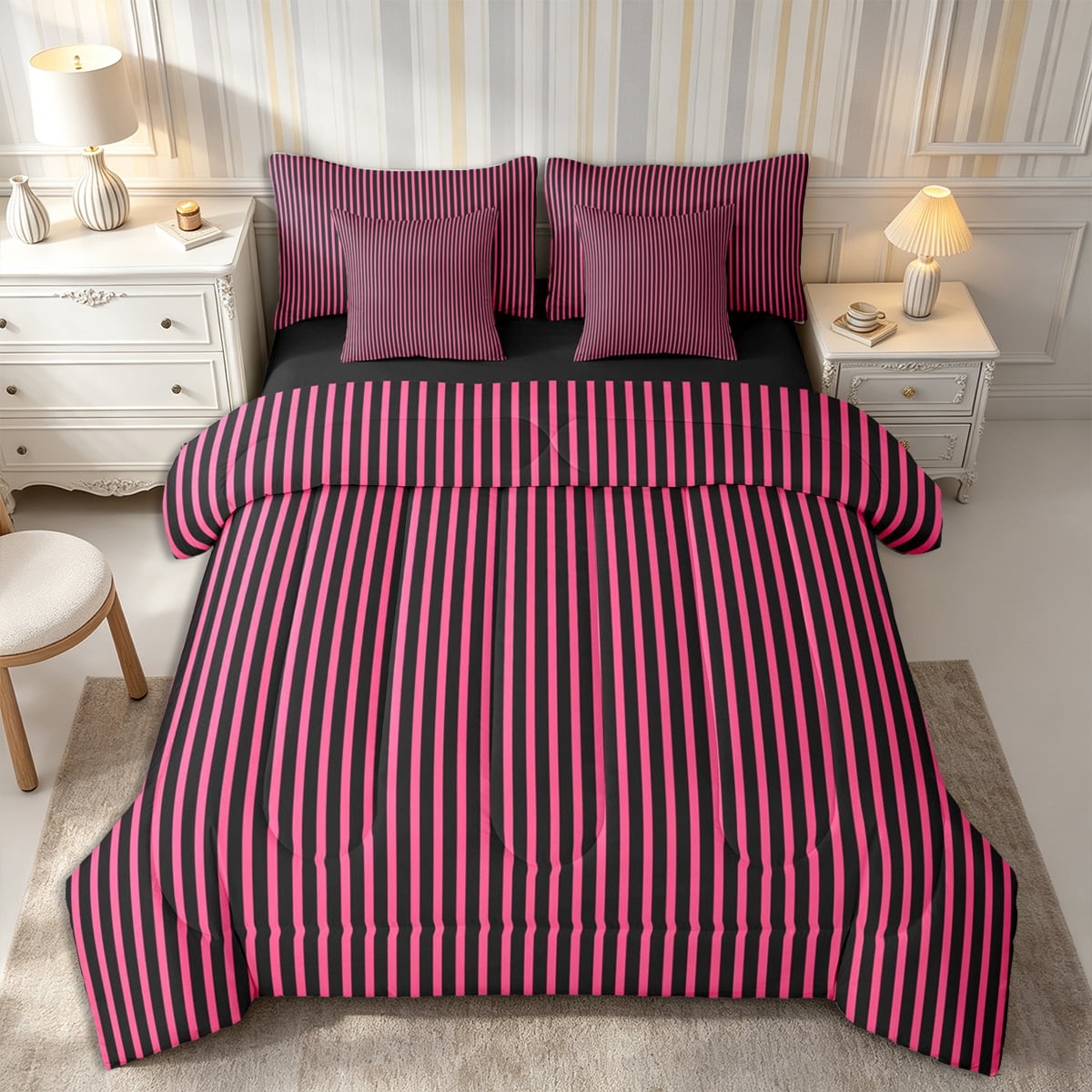 Castle Fairy Hippie Linear Band Full Size Bedding Sets 7 Pieces Bohemian Vertical Strip Full Size Bed in a Bag Hot Pink Black Reversible