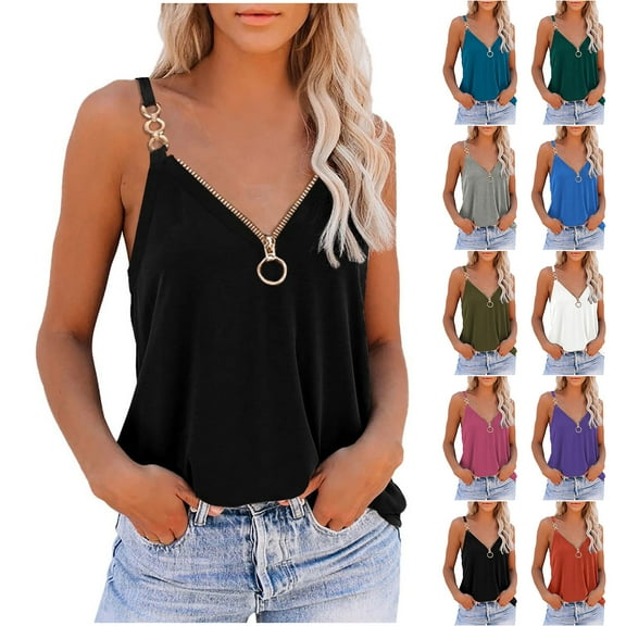 Xunlbb Tank Top for Women Ladies' Summer Solid Color Zipper V-neck Sexy Sleeveless Tank Top T-shirt Women's Top Sleeveless Tops for Women Under $5 S-2XL