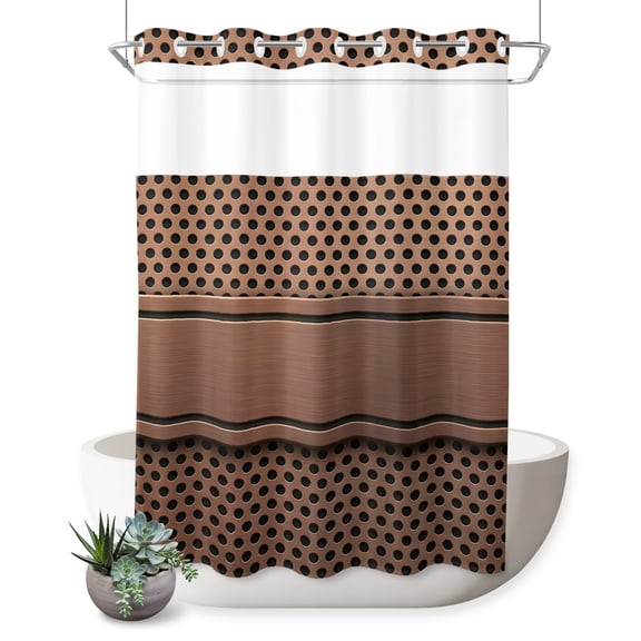 No Hook Shower Curtain, Brown Metal Hole Shower Curtains for Bathroom with See Through Top Window, Copper Net Eye Hole Pattern Waterproof & Washable Bath Curtain Extra Long 72"x84"