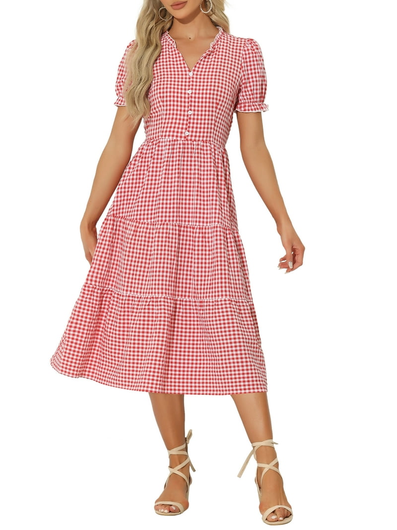 Inspire Chic Women's Gingham Dress Summer Ruffle Trim V Neck Button Decor Flowy Midi Dresses Red M