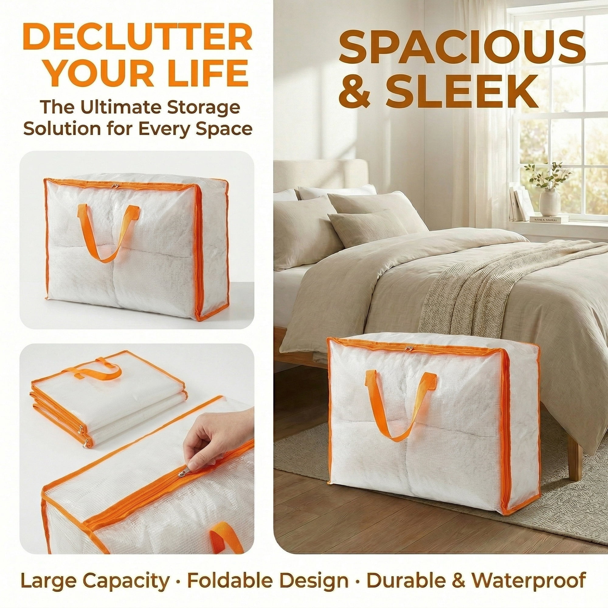 Unique Bargains Storage Bags with Handles for Organizing Clothing Orange 23.6"x9.8"19.7"