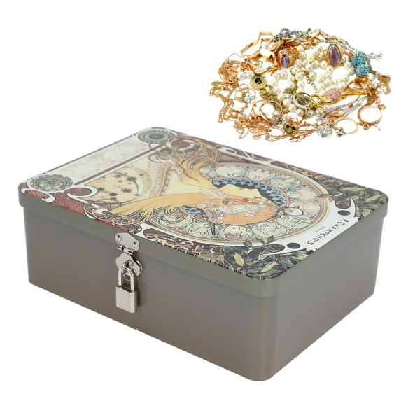 Organizer Box, Compact Metal Tin Storage Box Decorative Lockable for Crafts