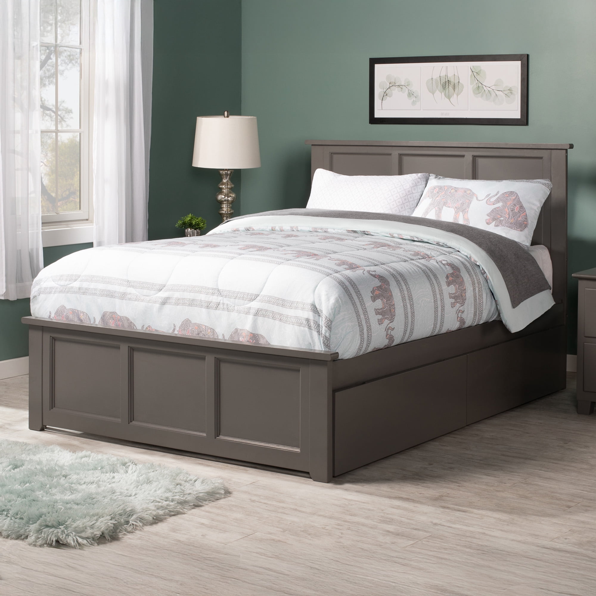 AFI Madison Full Wood Platform Bed with Matching Footboard & Storage Drawers, Grey