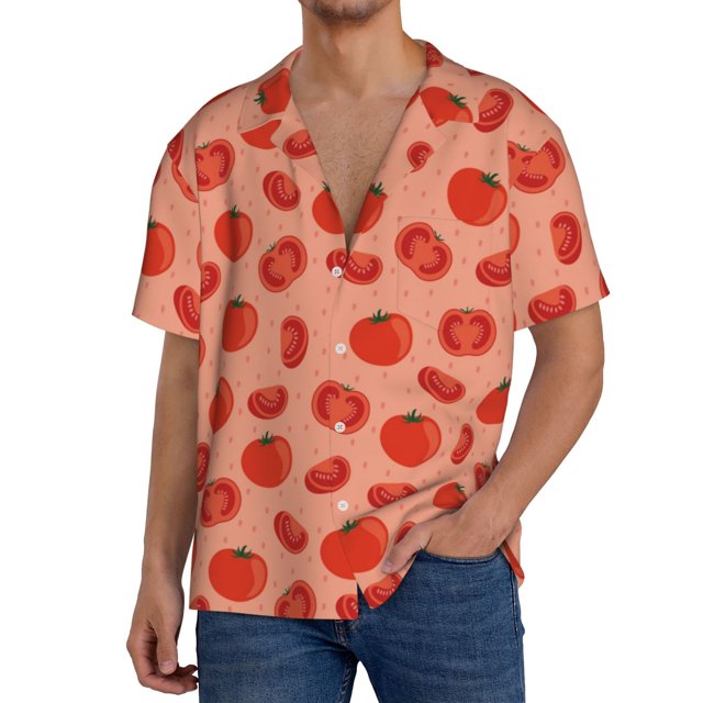 Fotbe Tomato Camisa Estampada de Manga Corta para Hombre, Casual de Verano, Estilo Playero, Sin Arrugas-Small