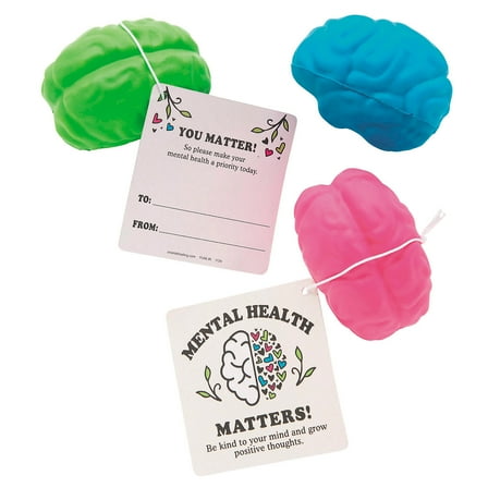 Fun Express 24 Pieces 2 1/2" Brain Stress Toys with Mental Health Card for 12