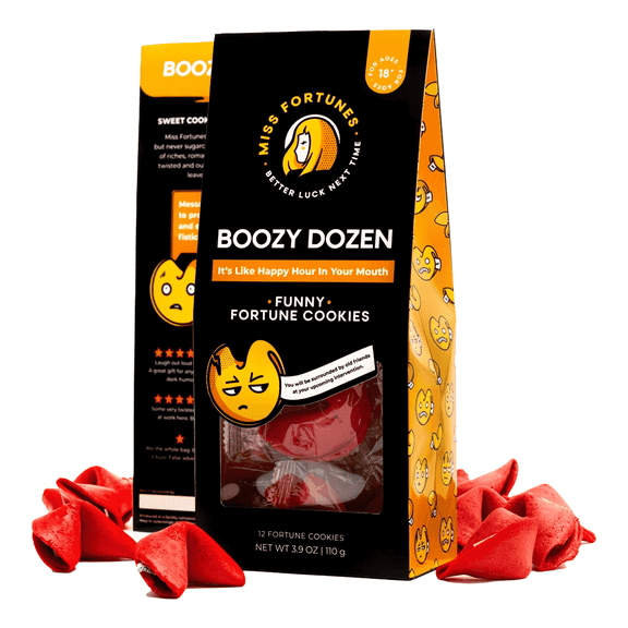 Miss Fortunes - Funny Fortune Cookies - The Boozy Dozen - It's Like Happy Hour In Your Mouth! Written by Professional Comedy Writers - (12) Fortune Cookies