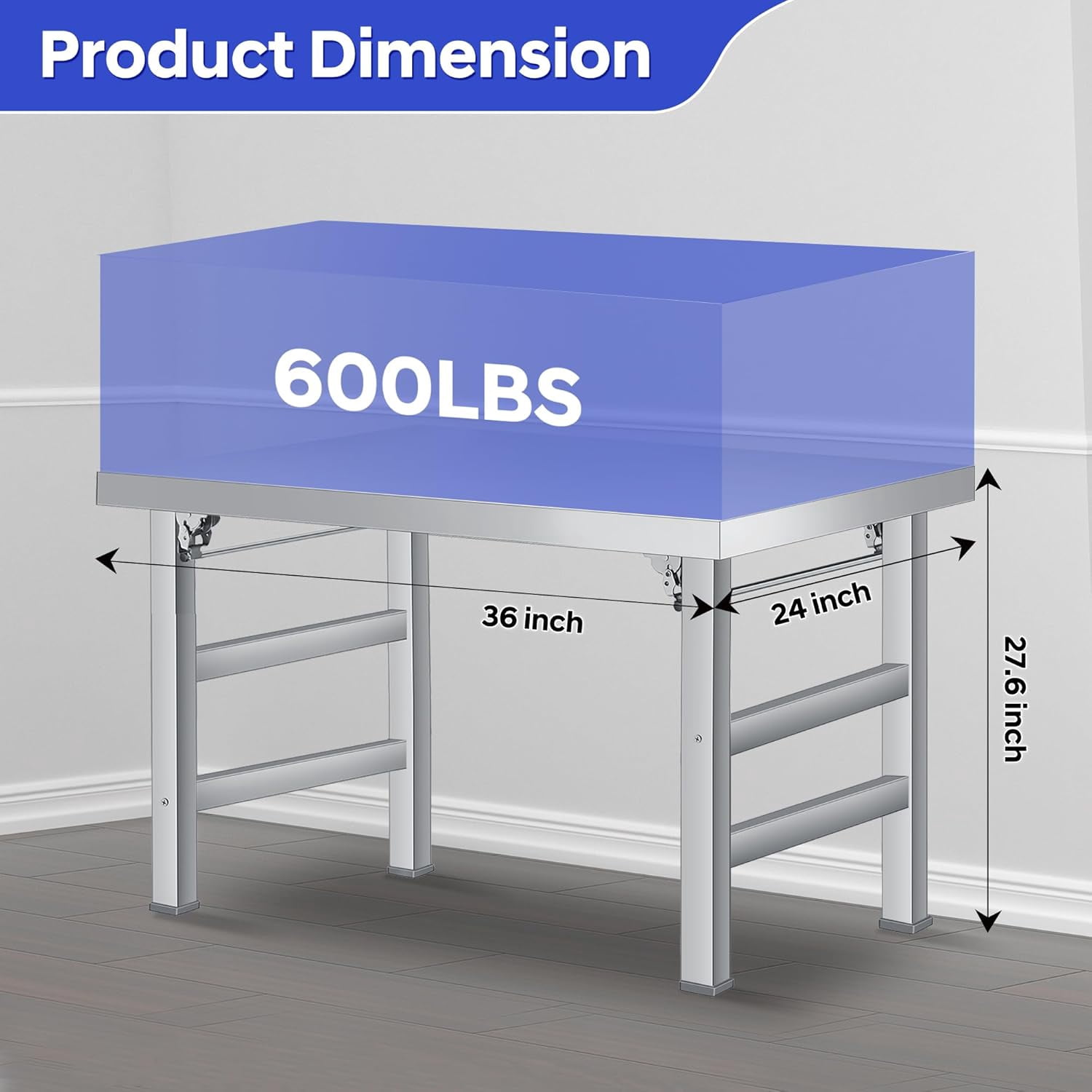 36" x 24" Stainless Steel Folding Table - 520 LBS Commercial Foldable Prep Table, Open Base Worktable with Adjustable Undershelf and Feet, for Home Kitchen Restaurant Garage Warehouse, Heavy Duty