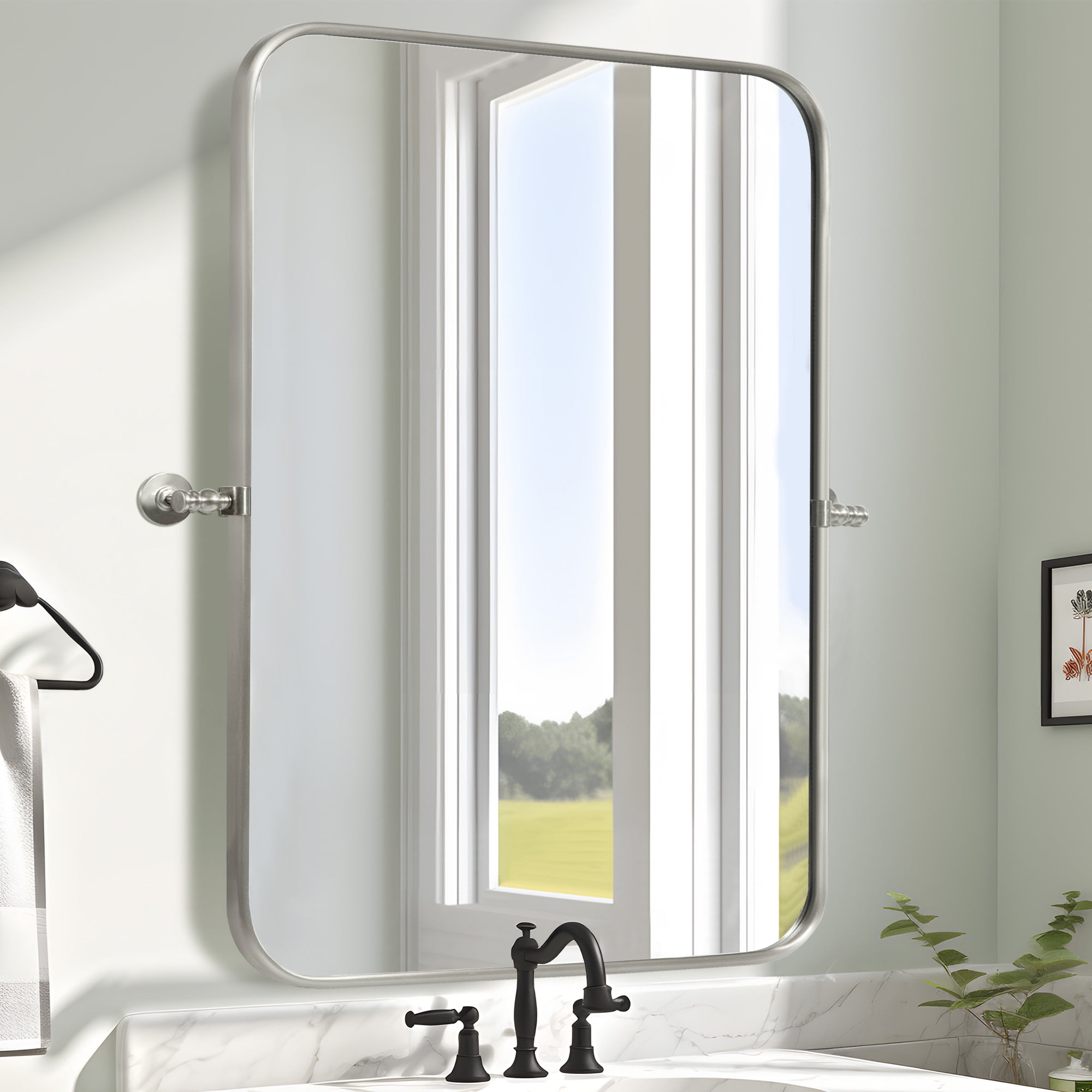MAYEERTY 35"x24" Rectangle Metal Framed Rounded Corner Wall Mirror for Bathroom Living Room