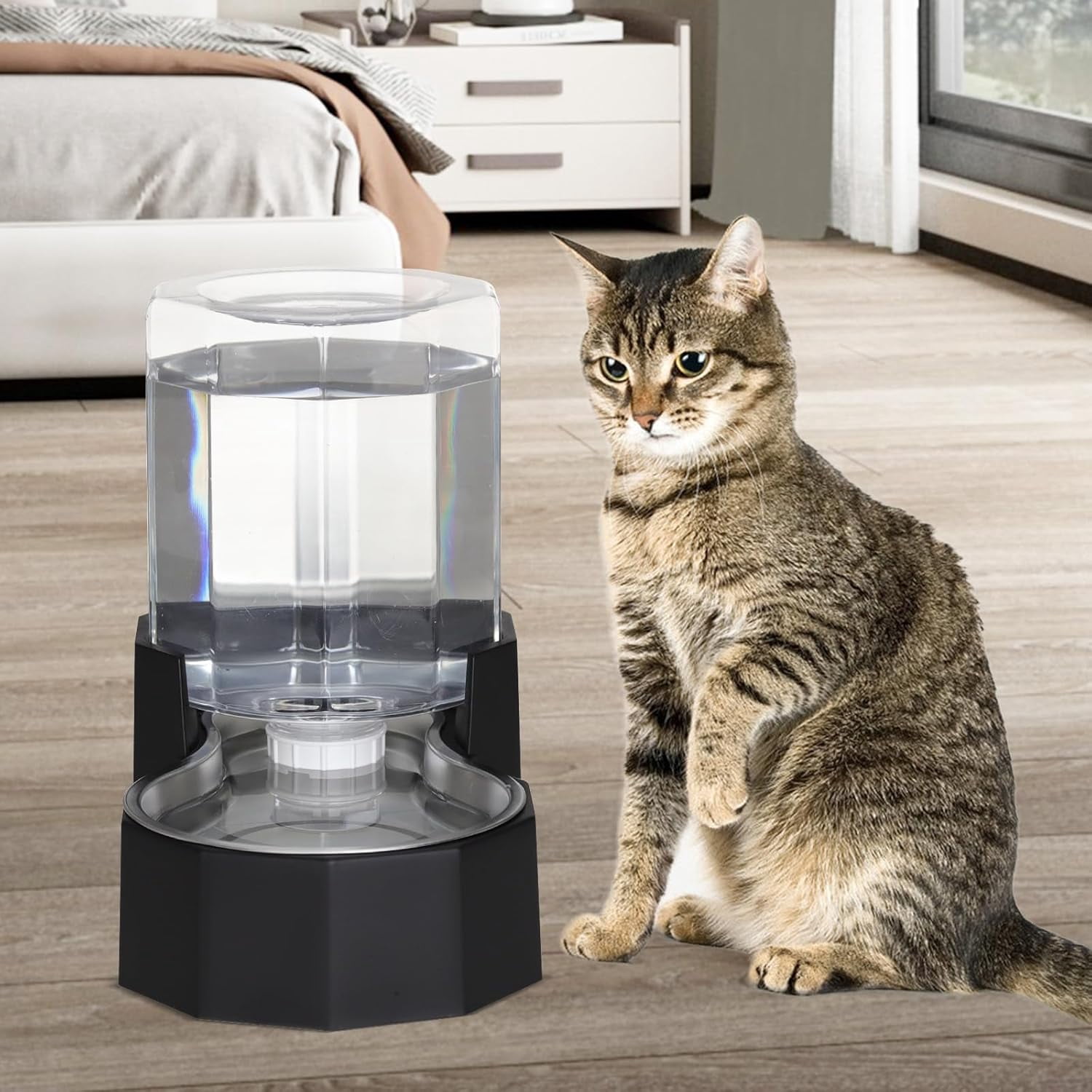Dog Water Bowl Dispenser: 6L Large White Gravity Stainless Steel Bowl - Without Filter - Pet Feeder for Pets Indoor/Outdoor Use by Owners