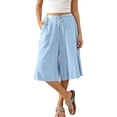 thumbnail image 5 of Tnhcen Women's 100% Cotton Prewashed Wrinkled Light Blue Drawstring Waist Seven Inch Casual Pants Elastic Waistband Culotte Trousers Loose Fit Comfortable Plus Size S-2XL, 5 of 9
