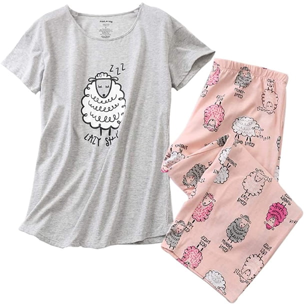 Tops de pijama para mujer con pantalones capri Conjuntos de pijama Adepaton CJWUS-4749