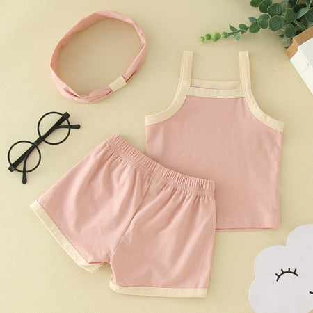 

NECHOLOGY Newborn Infant Baby Girls Boys Sleeveless Strap Vest T Shirt Tops Shorts Headband 3PCS Clothes for Teen Girls Pants Childrenscostume Pink 18-24 Months