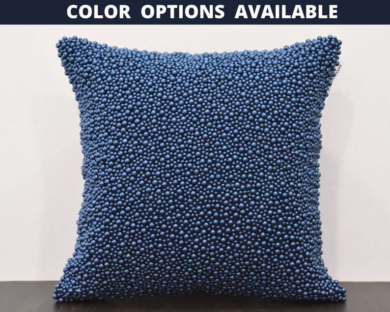 Navy Blue Pearl Beaded Pillow Cover Decorative accent Crystal farmhouse