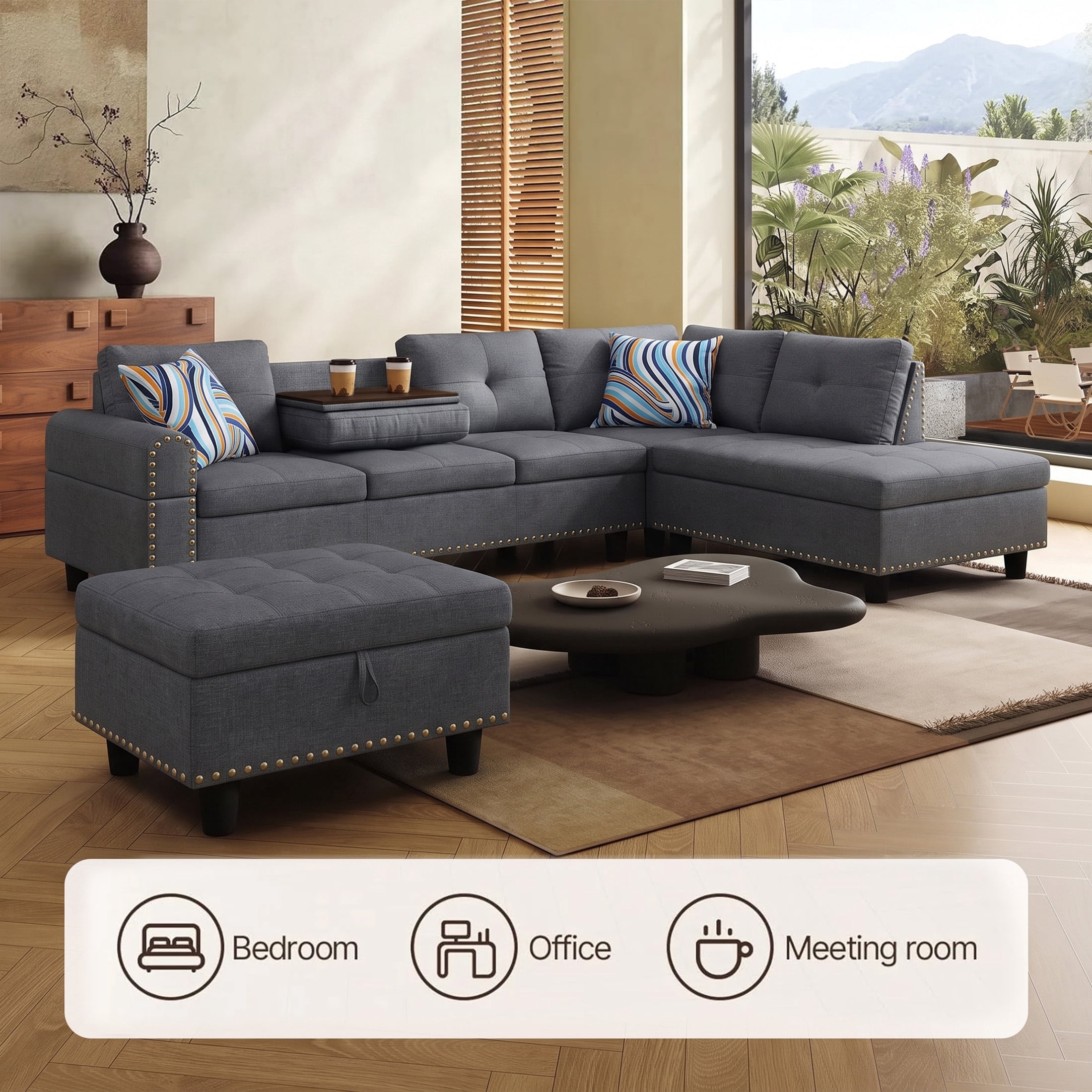 AENKYO 98" L-Shaped Sectional Sofa with Reversible Chaise, Storage Ottoman & Cup Holders, Linen, Dark Gray