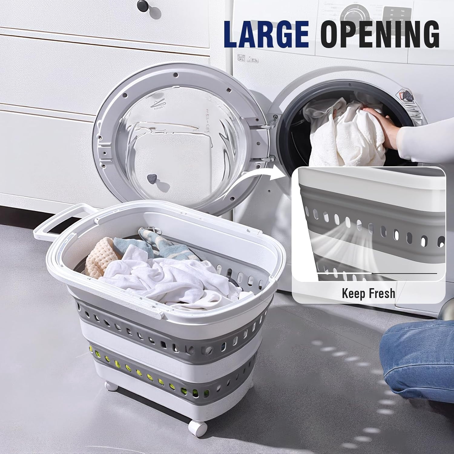Collapsible Laundry Basket with Wheels 45L Portable Hamper for Clothes Storage and Organization Grey