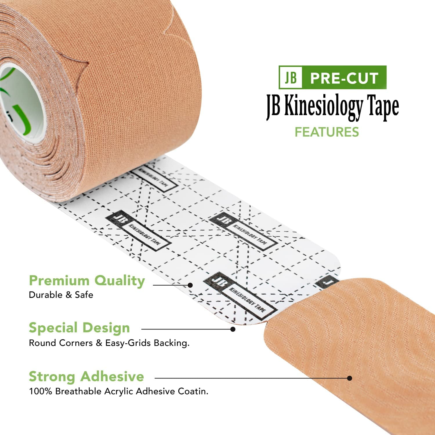 JB Kinesiology Sports Tapes, Beige, 80 Pre-Cut Strips, 4 Rolls