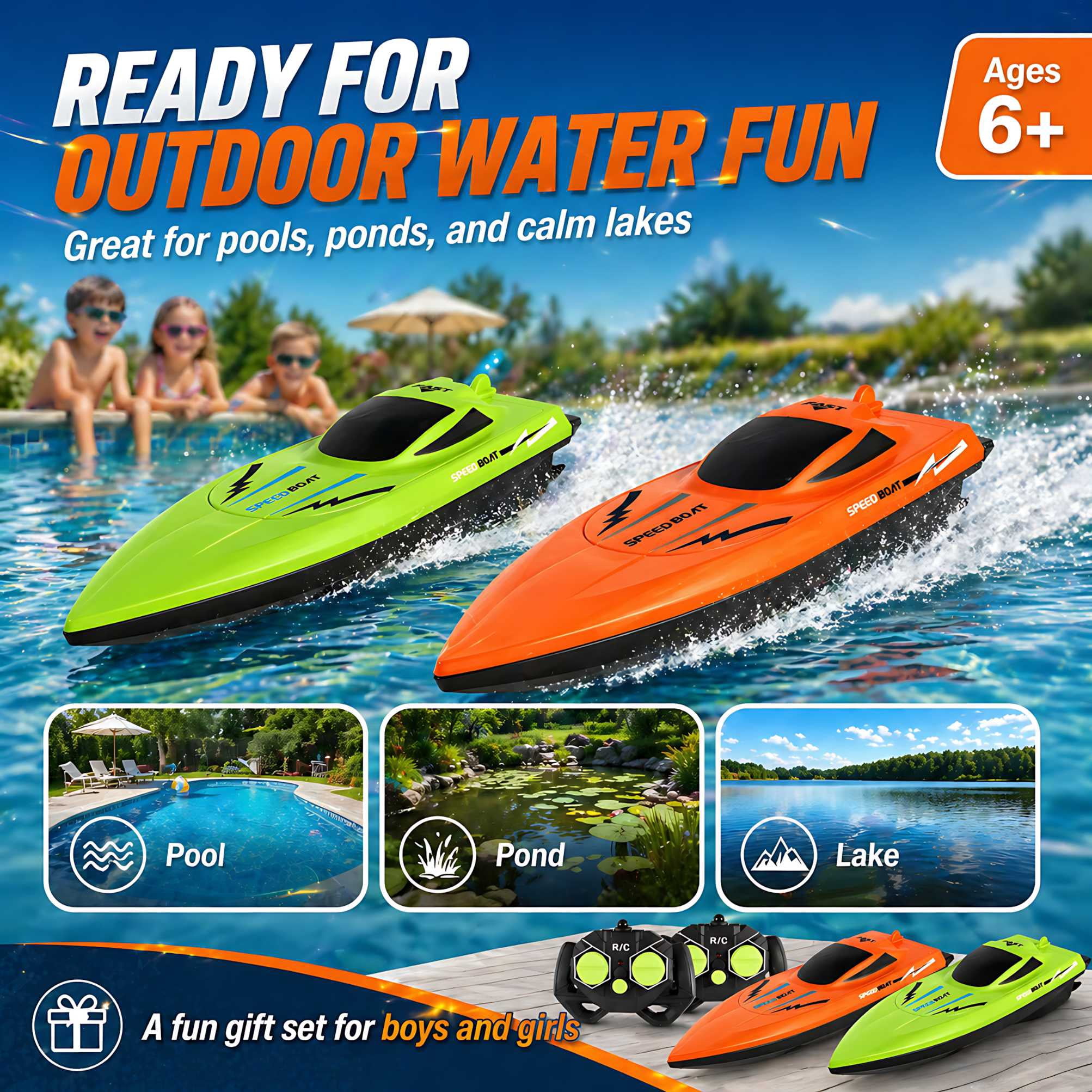 Remote Control Boat 2-Pack, 2.4G Dual Motor Speedboats for Pools and Lakes, Waterproof Outdoor Water Toy for Kids Age 6+, Orange & Green