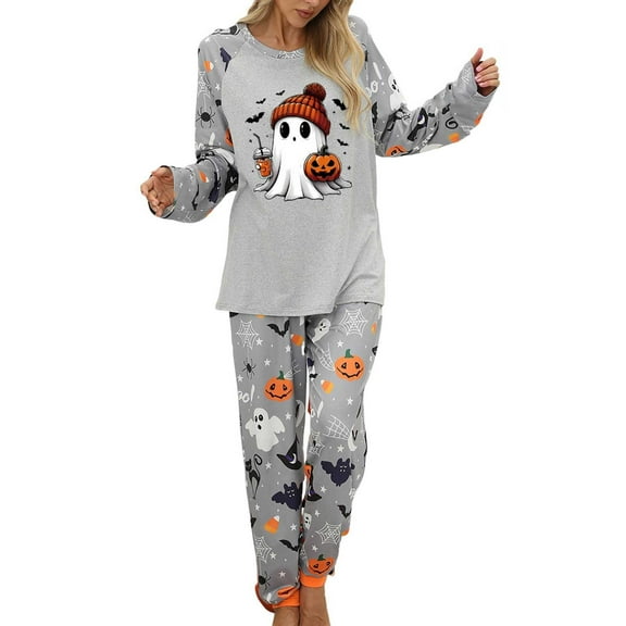 CONFREE Halloween Pajamas For Women Long Sleeve Cartoon Pumpkin Ghost Sleepwear Tops Pants Hallowmas Homewear Sets Lovely Nightwear