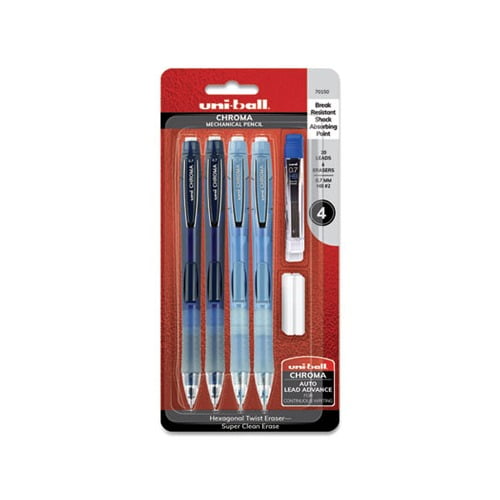 Chroma Mechanical Pencil woth Leasd and Eraser Refills 0.7 mm, HB 2, Black Lead, Assorted Barrel Colors, 4/Set