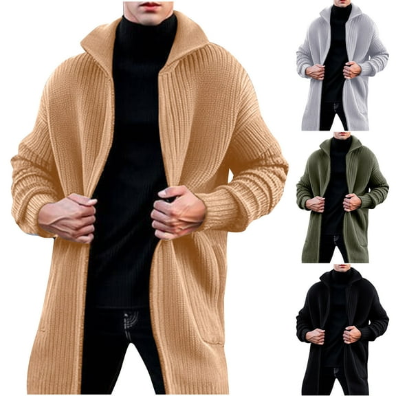 Miluxas Men's Shawl Collar Open Front Long Cardigan Ribbed Knit Sweater with Pockets Khaki