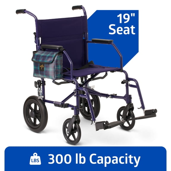 Medline Foldable Transport Chair with Microban® For Seniors & Post-Surgery Patients, Supports up to 300 lb., Navy