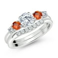thumbnail image 2 of Gem Stone King 10K White Gold White Lab Grown Diamond and Orange Sapphire 5 Stone Bridal Engagement Wedding Ring Set for Women (0.93 Cttw, Round: 5MM and 3MM, Size 5), 2 of 6