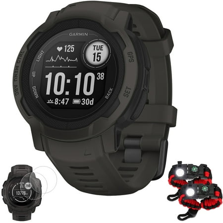 Garmin 010-02626-10 Instinct 2 GPS Smartwatch/Fitness Tracker - Graphite Bundle with Deco Essentials 2x Tactical Emergency Paracord Multipurpose Bracelet and 2x Screen Protector