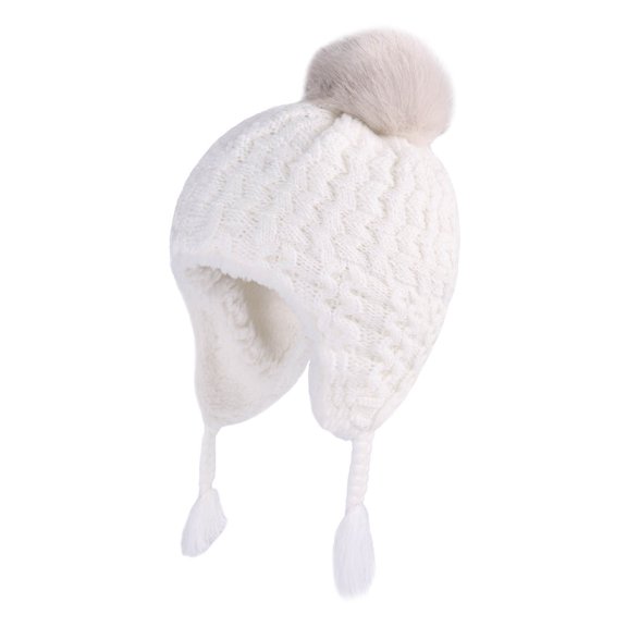Juorvia Toddle Cotton Knitted Hat Ear Flap Skully Pom‑pom Warm(4-6Years,White)