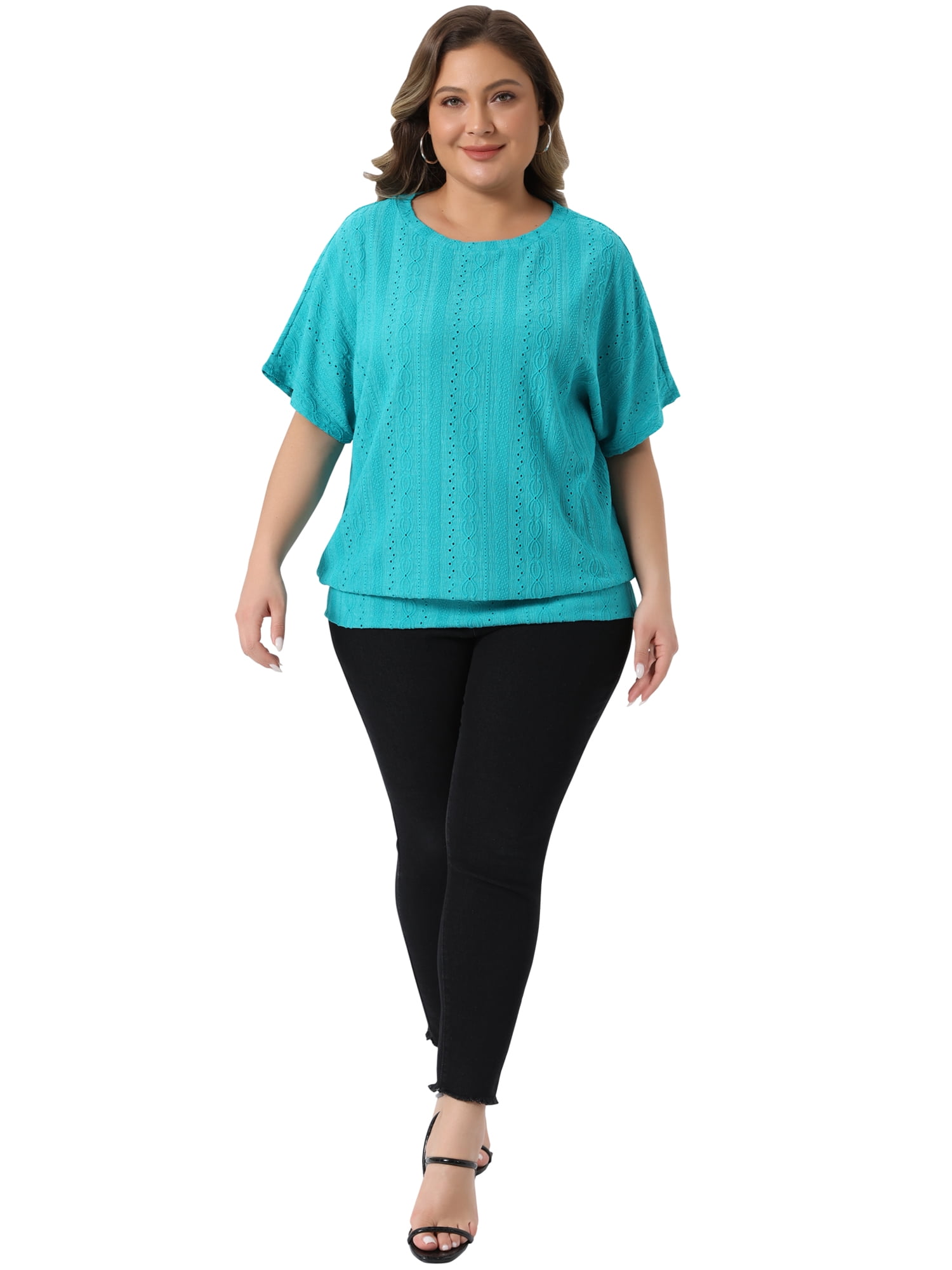 DARING DIVA Women's Plus Crew Neck Hollow Short Sleeve T Shirt 2X Lake Green