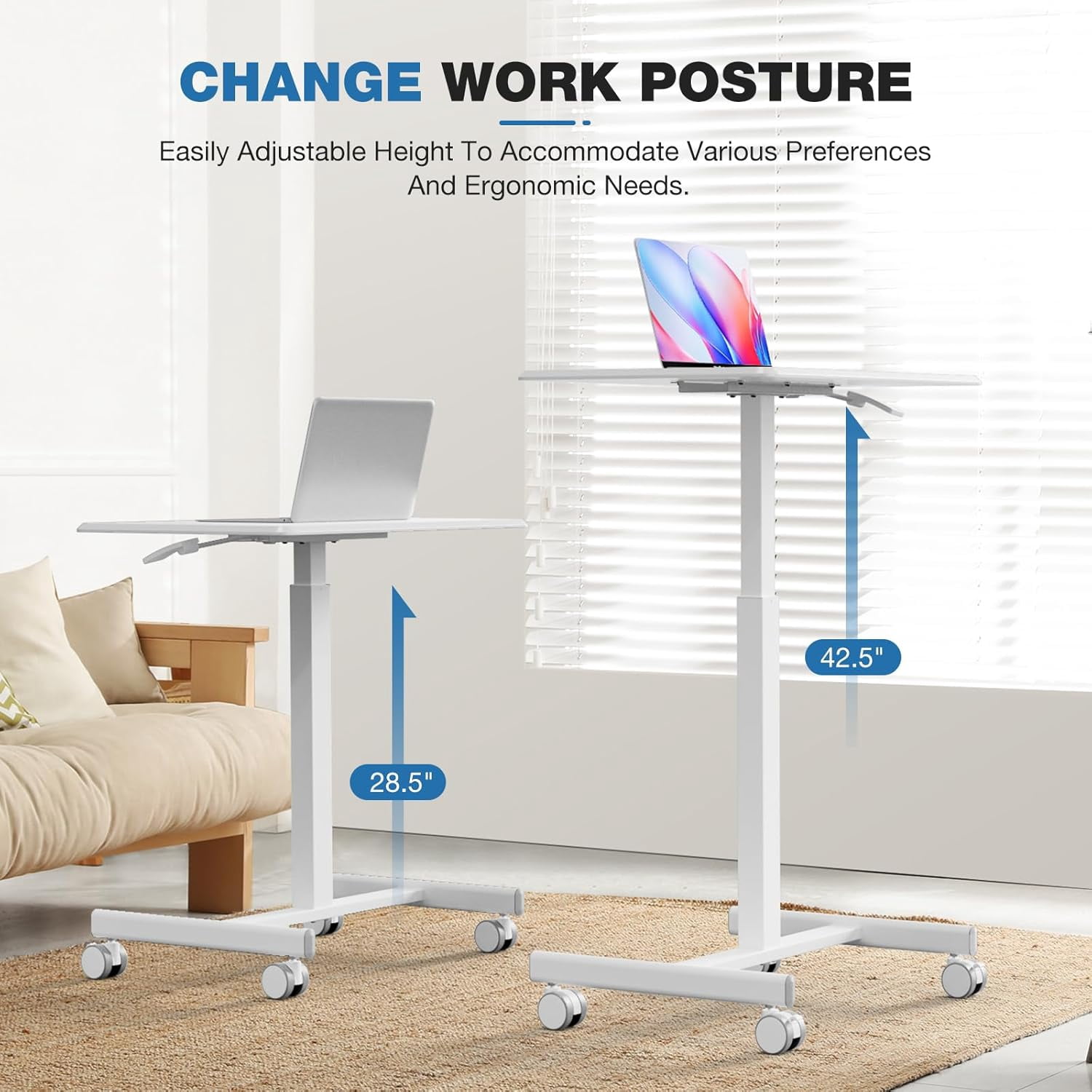 Small Mobile Standing Desk, Adjustable Rolling Laptop Table with Locking Wheels for Home Office, White