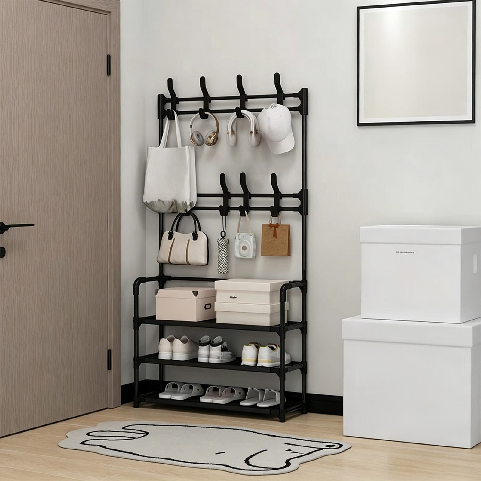 Shoe Rack 3 Tier Shoe Organizer Storage,Shoes Rack for Closet Entrance Shoe Rack Organizer with Hooks and Side Pocket Entryway Shoe Holder Space Saving Free Standing Shoe Racks