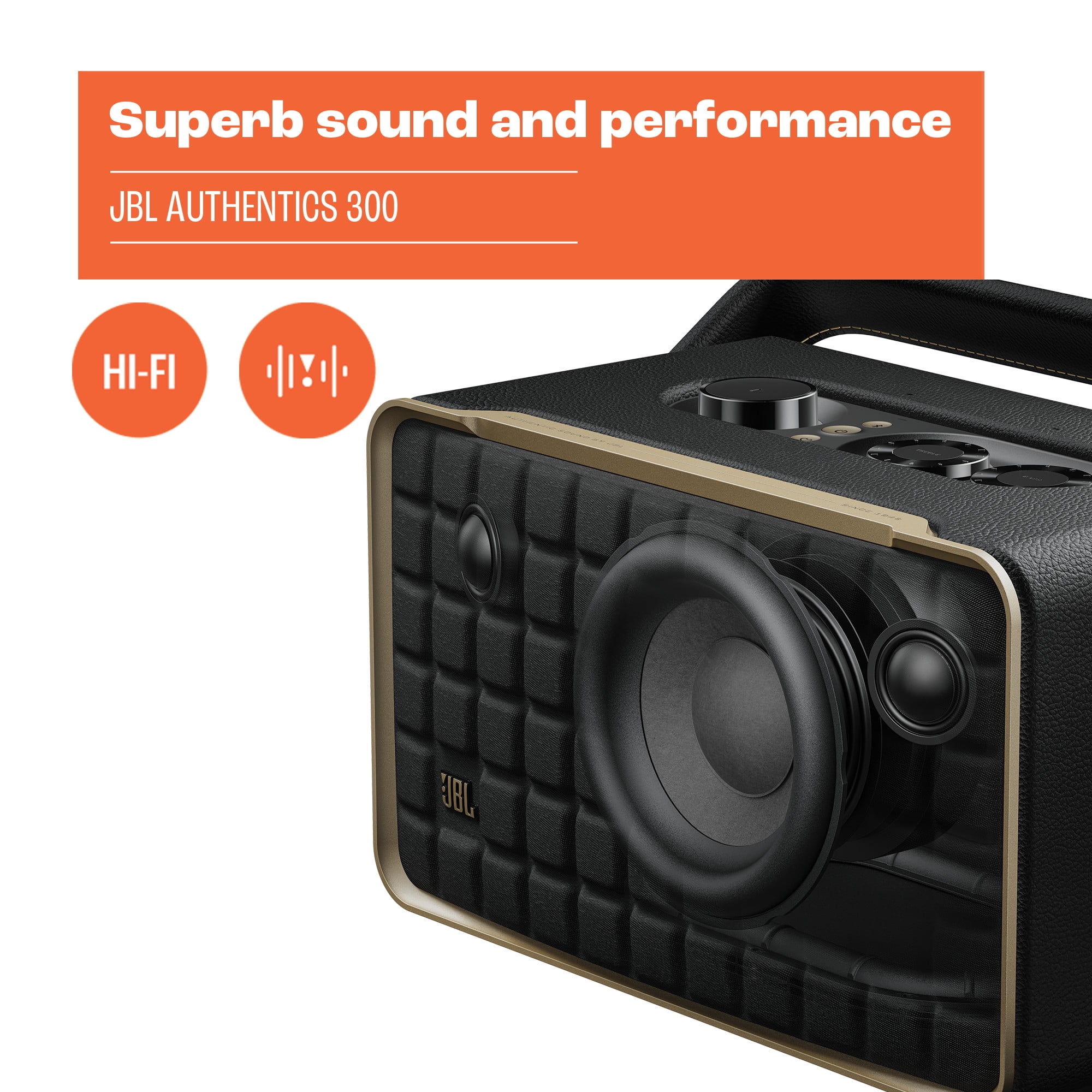 JBL Authentics 300 Portable Wireless Bluetooth Speaker with Loud Bass, Music Wifi, OntheGo, Retro Style (Black/Gold)  (图4)