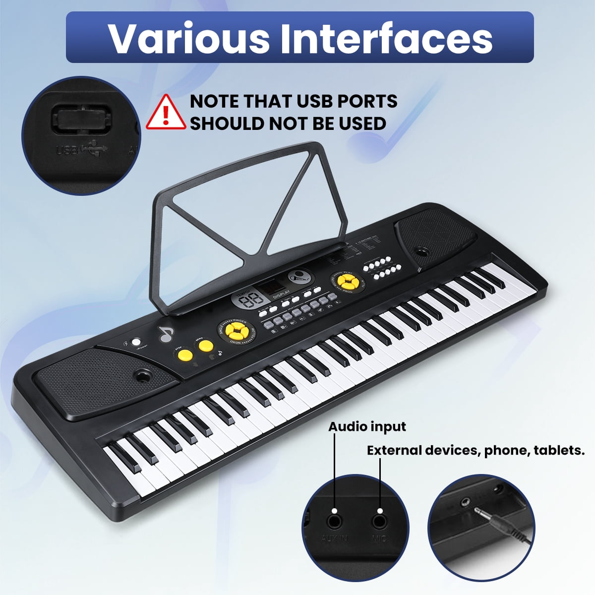 BFVV 61-Key Portable Electronic Keyboard Piano Set with Microphone, Power Adapter & Music Rest, Ideal Music Education Gift for Beginners