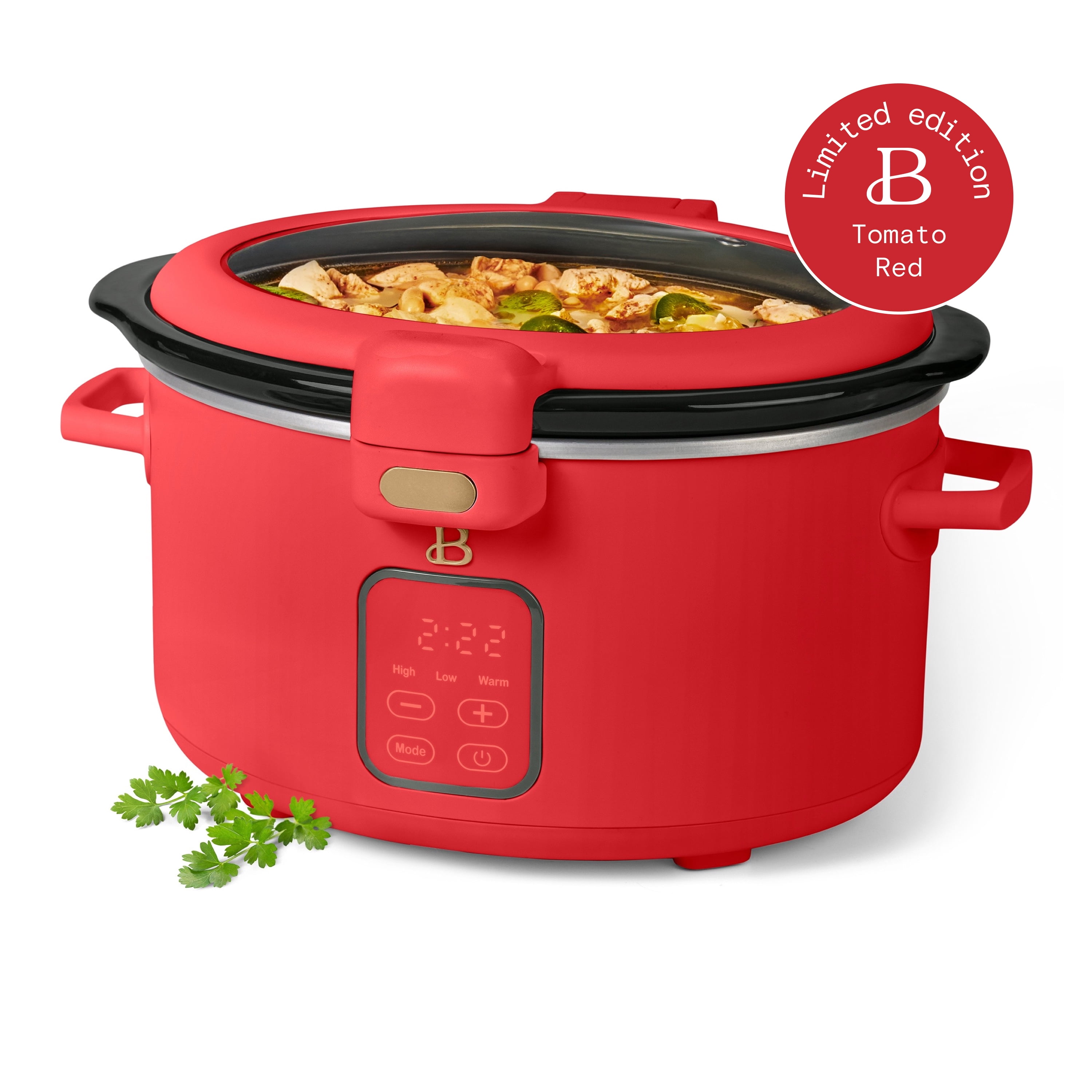 Beautiful 4 Qt Digital Slow Cooker with Hinged Locking Lid, Tomato Red by Drew Barrymore