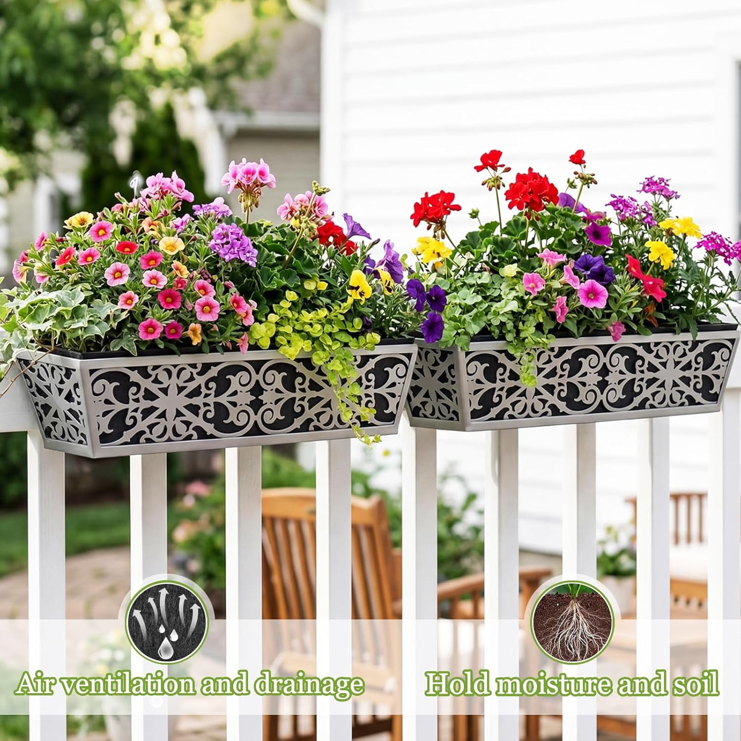 2 Pack 24 Inch Window Boxes Planter for Outdoor Plants Deck Railing Planters Box with Adjustable Brackets for Porch Fence Balcony Hanging Flower Baskets with Non-Woven Fabric Liner for Garden Decor