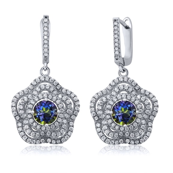 Gem Stone King 925 Sterling Silver Blue Mystic Topaz Flower Dangle Earrings for Women (4.64 Cttw, Gemstone Birthstone, Round 6MM)