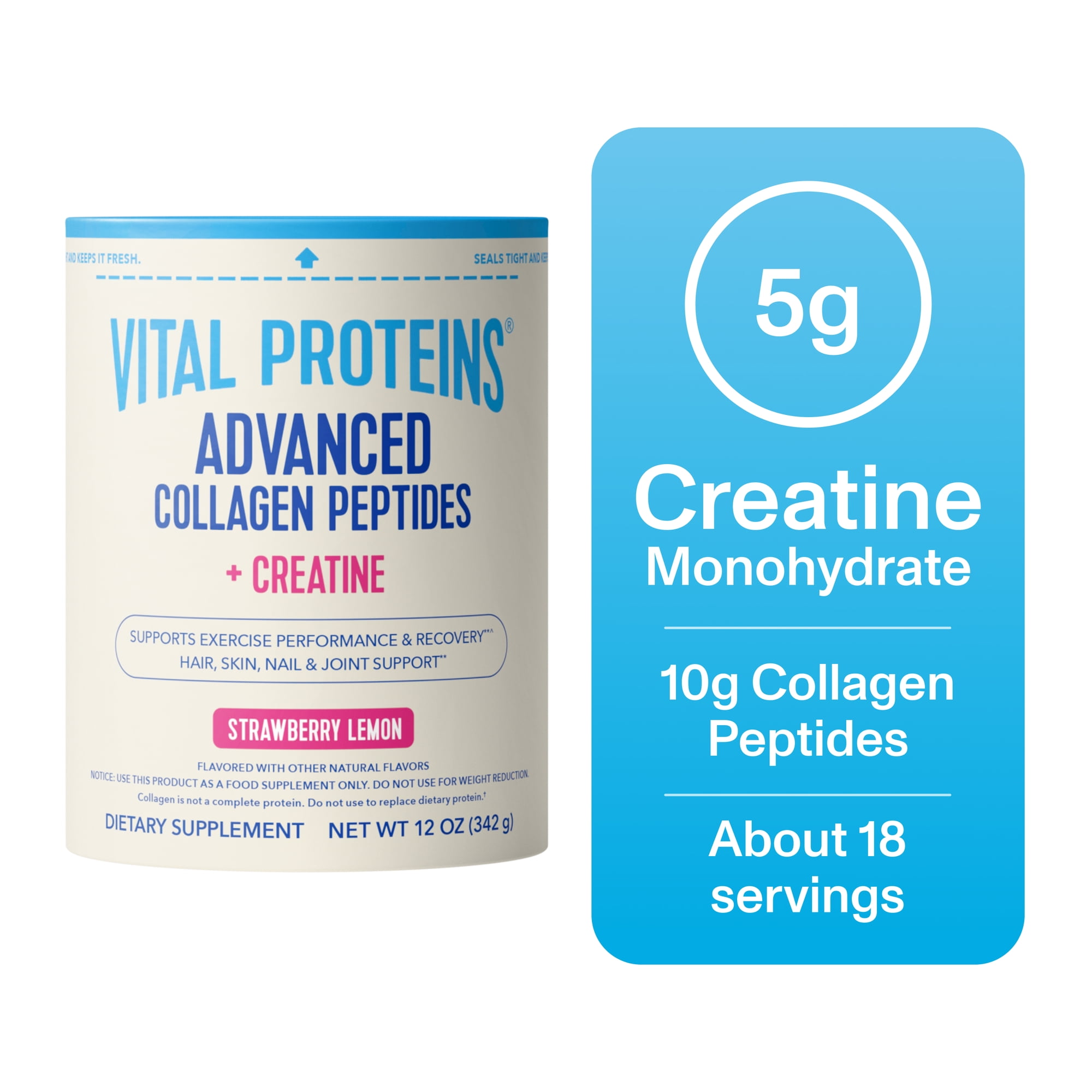 Vital Proteins Advanced Collagen Peptides Plus Creatine Monohydrate Powder, Supports Exercise Performance & Recovery, Strawberry Lemon, 12 oz