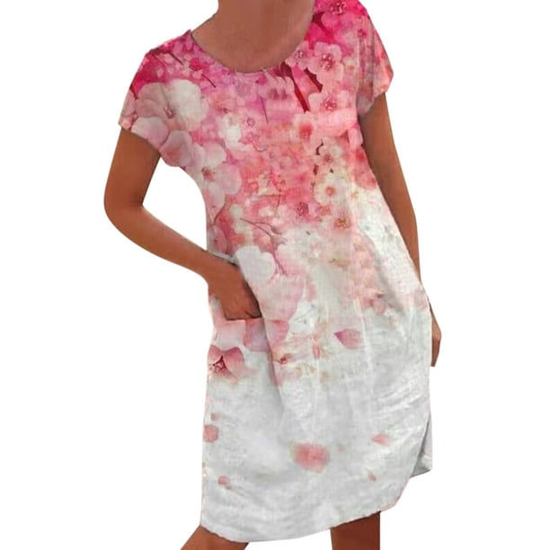 Gibobby Vestido de Verano para Mujer Vestido de bolsillo de manga corta con cuello redondo estilo occidental con estampado floral casual para mujer(Rosa,G)