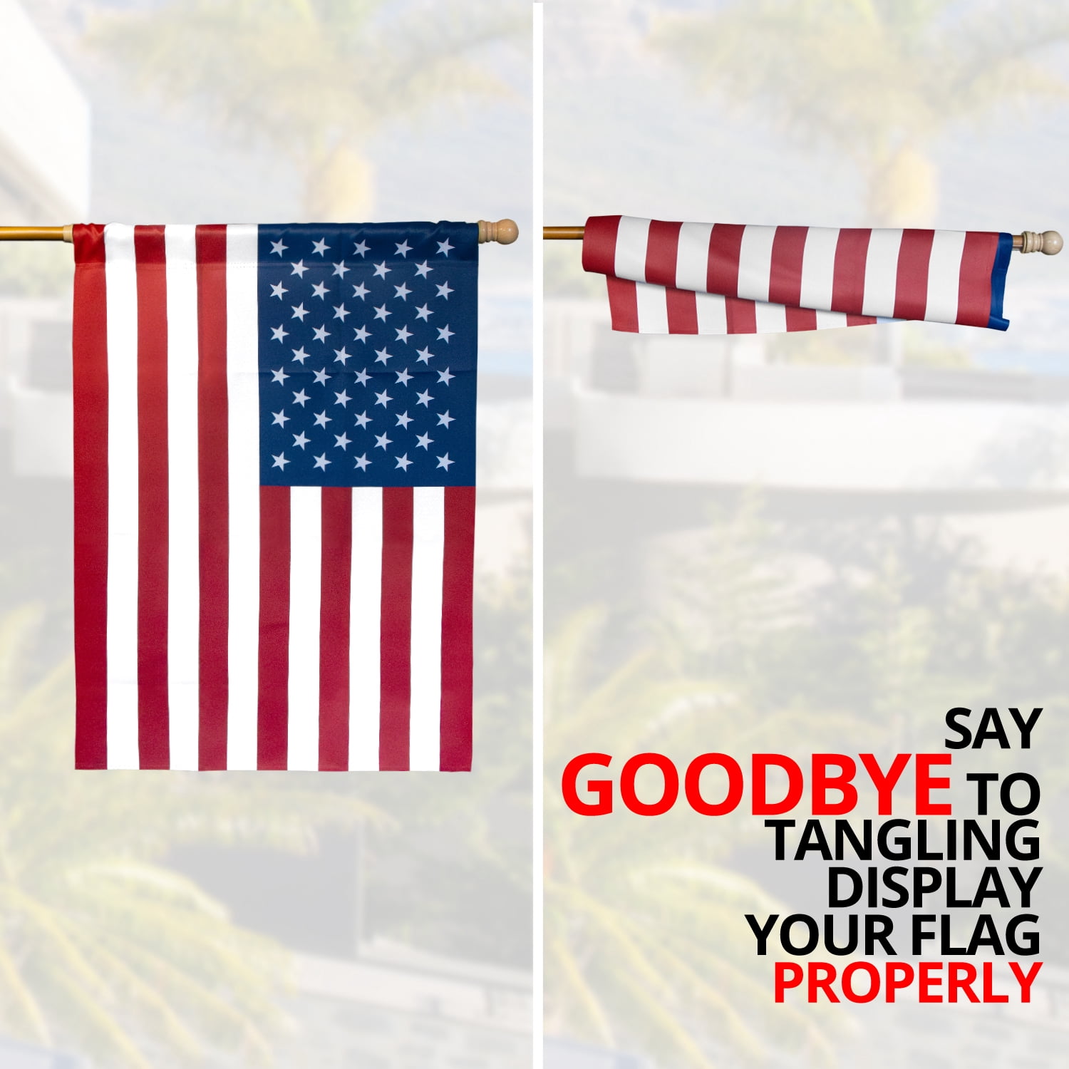 Anley 56" Solid Pine Wooden House Flagpole - Fit Standard 3x5 Ft Flag - Wood Flag Pole with Tangle Free Adjustable Rotating Ring - Wall Mount Wood Flag Pole for Garden, Yard, Porch and Estate