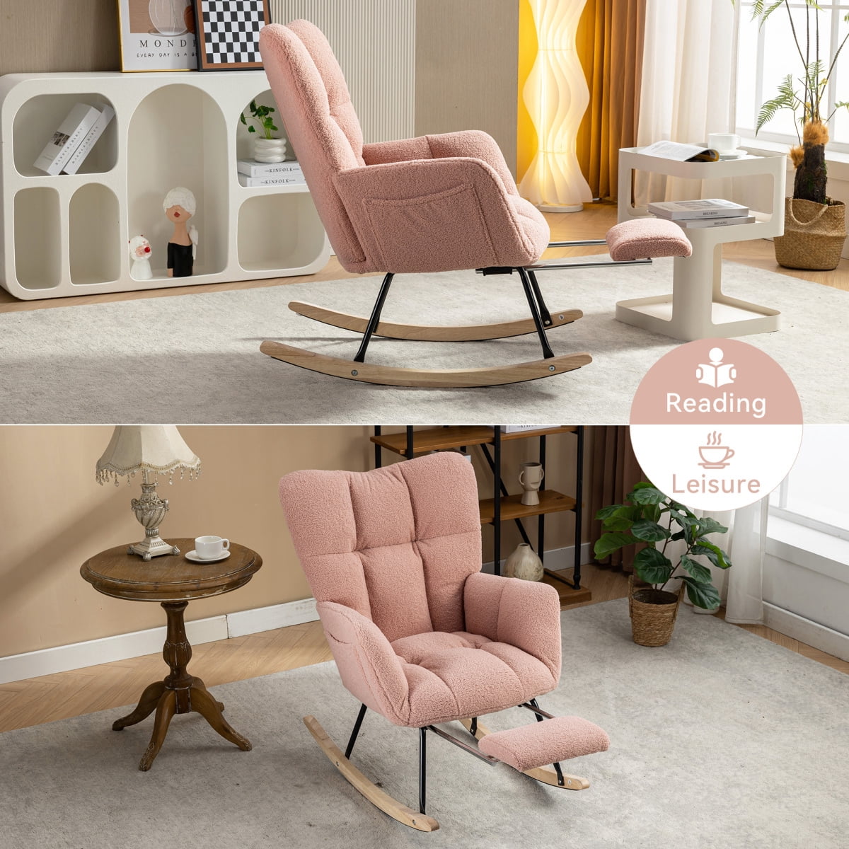 Nursery Rocking Chair Modern Armchair Upholstered Glider Rocking Chair Accent Chair with Retractable Footrest Reading Chair with High Backrest Solid Wood Base for Bedroom, White, Teddy