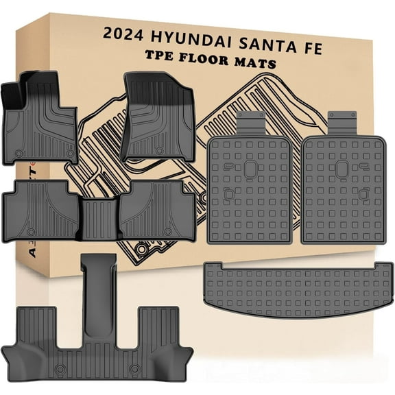 IKABEVEM Floor Mats Compatible with 2024 2025 Hyundai Santa fe 7/8 Seat Gasoline Cargo Liner & Backrest Mat TPE All Weather Protection Floor Mat Include 1st 2nd 3th Trunk Mat, Black