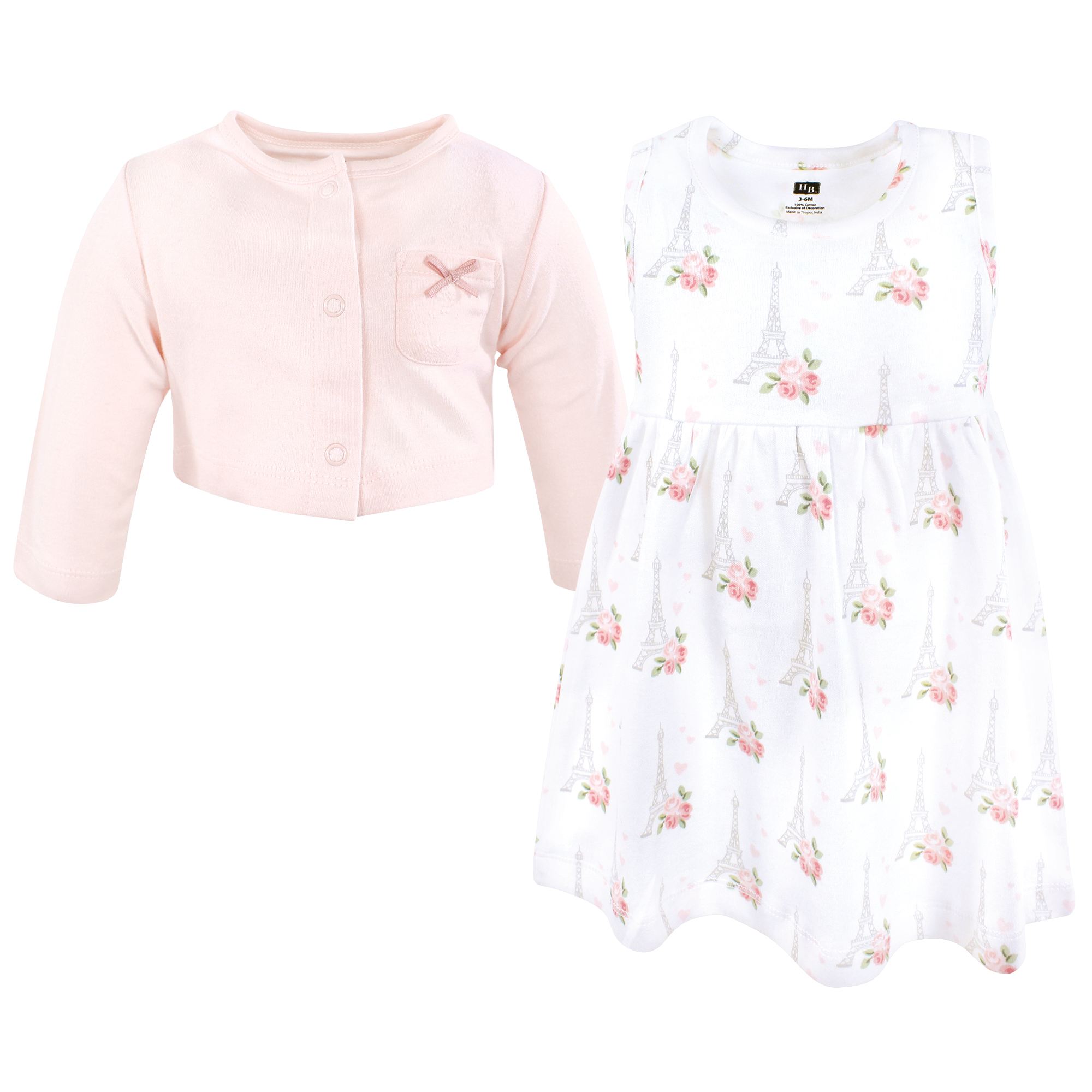Hudson Baby Girls Cotton Dress and Cardigan Set, Bonjour Paris, 6-9 Months