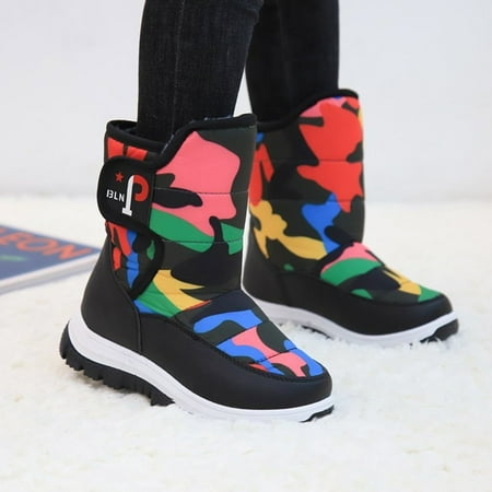 

Xijirk Girls Snow Boots Shoes Waterproof Thick Sole Plus Velvet Thickening Snow Boots Boys and Girls Outdoor Snow Boots-Black-6-7 Years