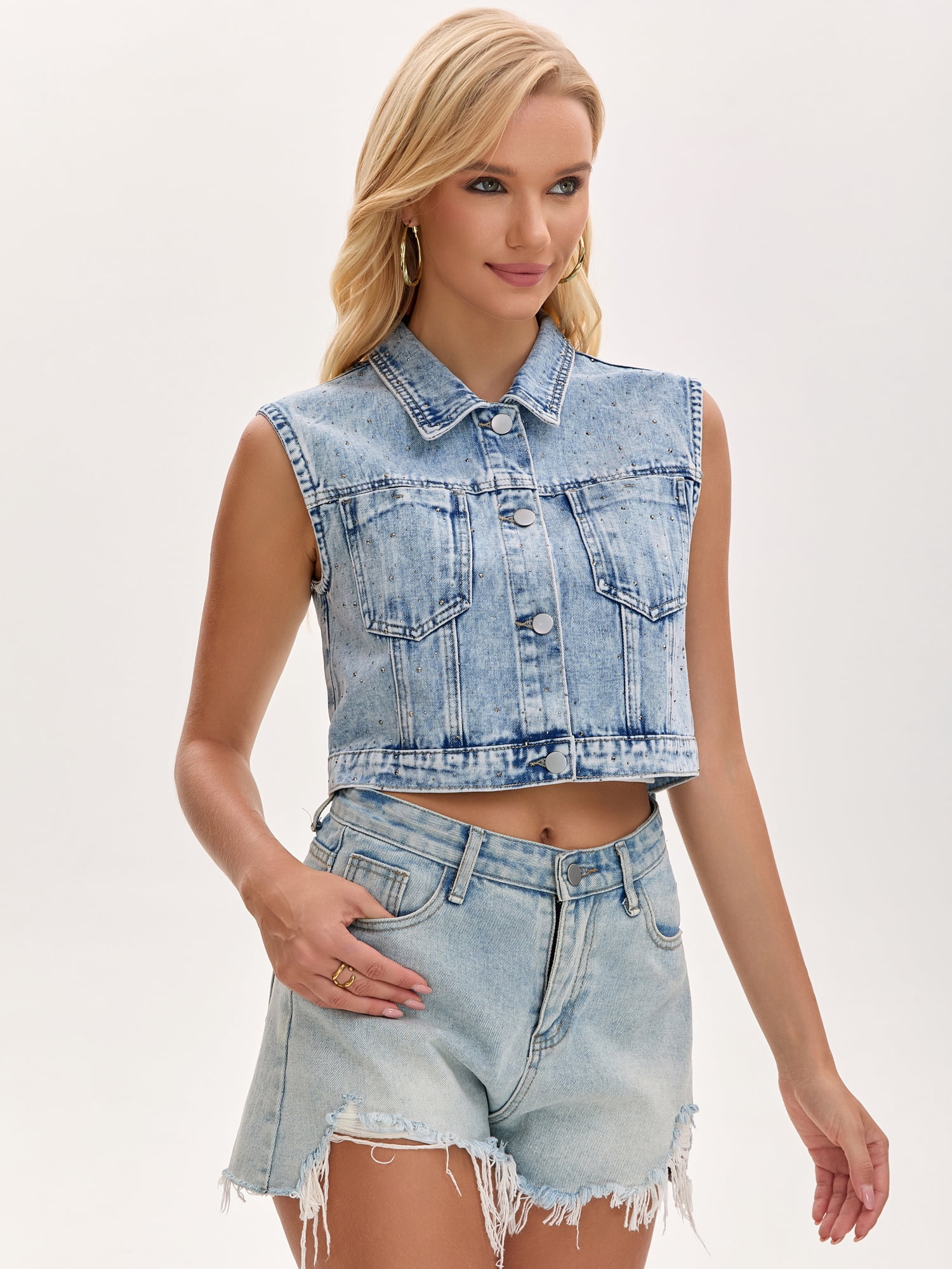 DARING DIVA Women's Button Down Washed Sleeveless Jean Jacket 2XL Light Blue
