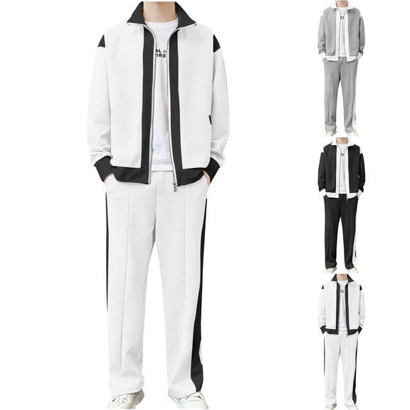 safuny Men Retro Windbreaker Track Suit Jacket Pant Athletic Windproof Sweat Suit Full Zipper Outfits St Collar Spring Fall Pockets Black L